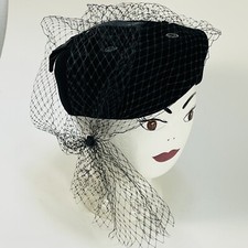 VINTAGE Black Velvet Pillbox Hat Net/ Veil Buttons Ribbon Bow Party Church