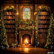 10'x10'Computer-painted Xmas Tree Bookcase Scene Vinyl Background Backdrop SD158