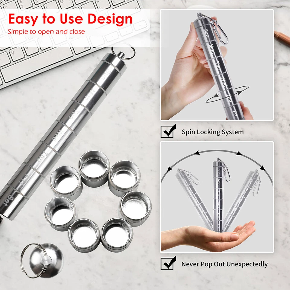 7 Day Travel Pill Organizer Weekly Metal Case Portable Box Container Waterproof - Image 4 of 4