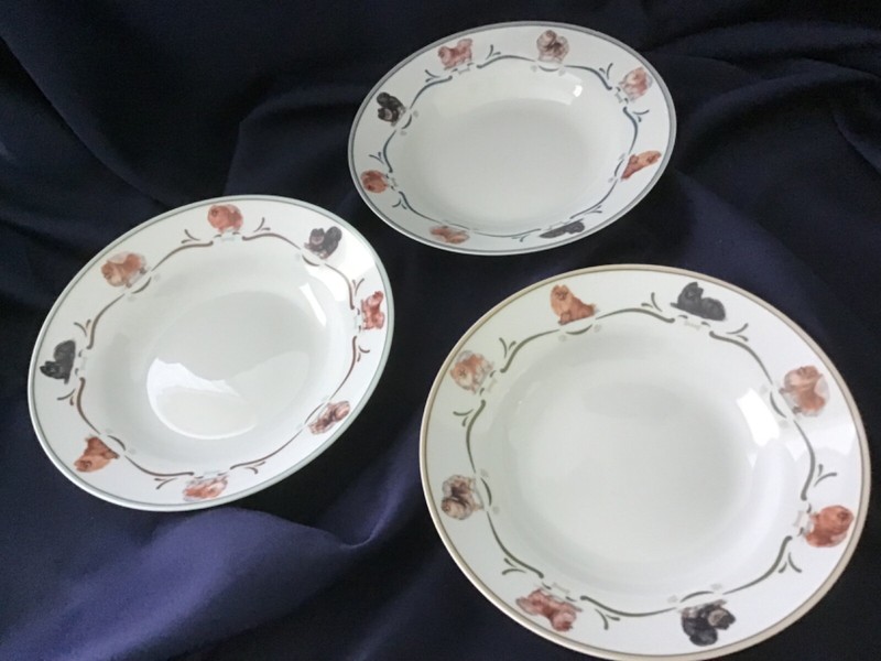3 DANBURY MINT dinnerware RIMMED SOUP BOWLS pomeranian dog NEVER USED! EXCELLENT