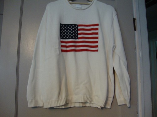 CHEROKEE VINTAGE 90's IVORY COLOR SWEATER w/ AMERICAN FLAG on FRONT