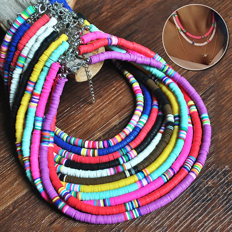 6mm Boho Colorful Polymer Clay Choker Necklace Round Beaded