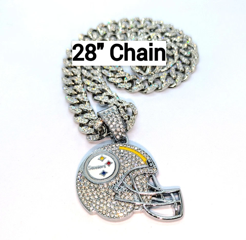 PITTSBURGH STEELERS HELMET GEM NECKLACE Silver Bling Hip Hop Pendant & 28" Chain