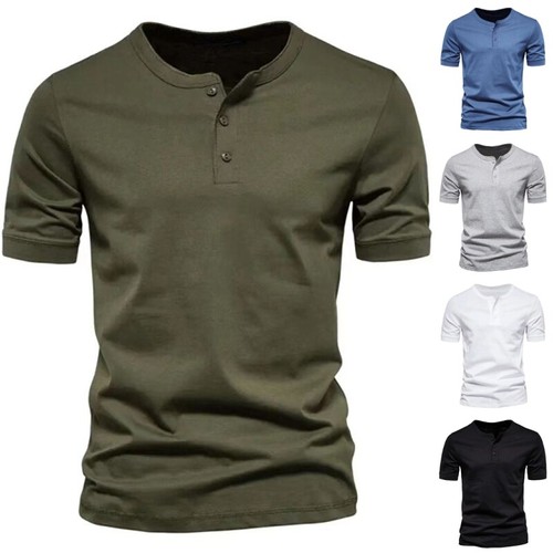 Mens Summer Solid Button V Neck T Shirts Henley Casual Short Sleeve ...