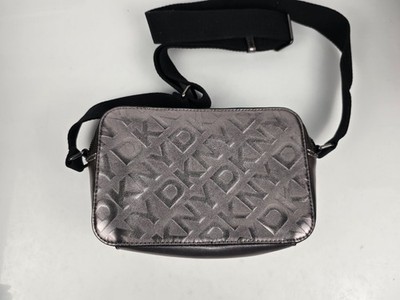 DKNY Tilley All Over Logo Camera Bag Crossbody Pewter Metallic Leather Monogram