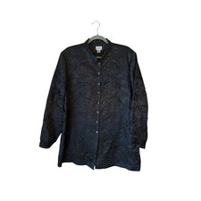 Chicos Asian Inspired Black Jacquard Long Jacket Sz 3 16/XL Bird Pattern EUC