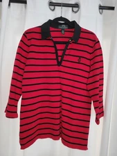 RL Lauren Active Shirt Womens Large Red Black Striped Long Sleeve Casual SIZE XL