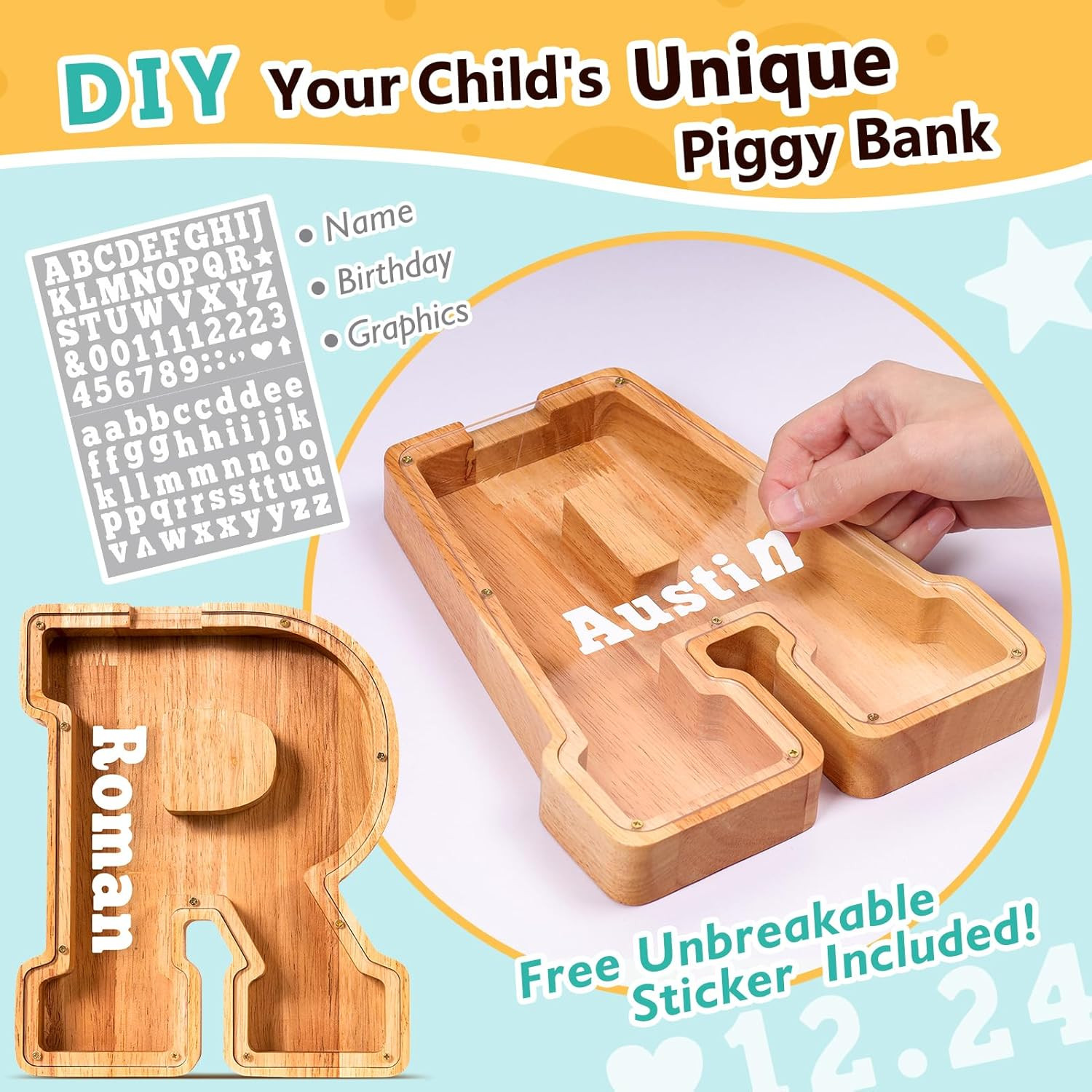 Wooden Letter Piggy Bank| Piggy Bank for Boys Girls Toddler| Alphabet R Money Ba