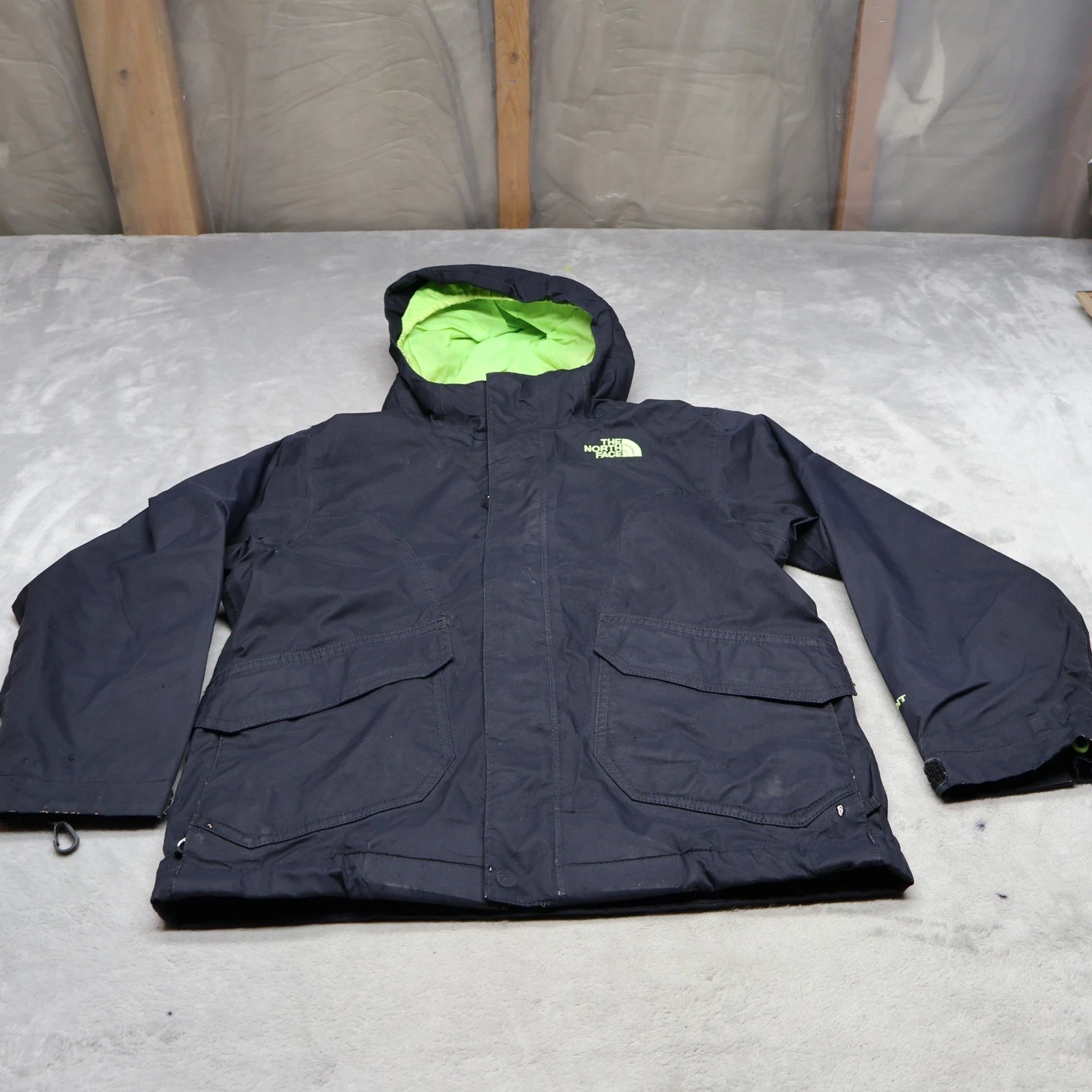 North Face Jacket Boy Small 7/8 Blk Waterproof Wind Rain Outdoor 3in1 Shell READ