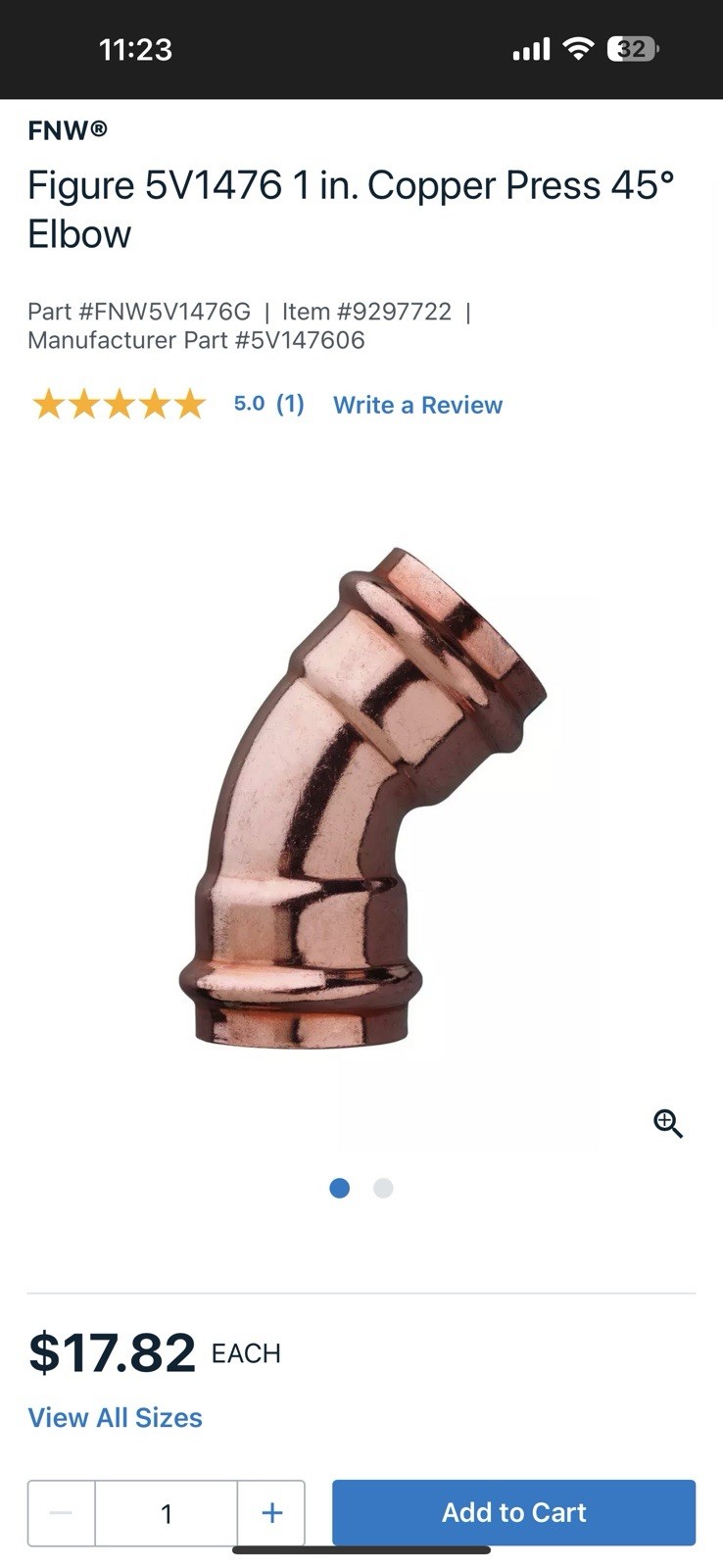 1” Proflow Propress 45 Elbows (5) Pack  Plumbing Heating Boilers Water Heater