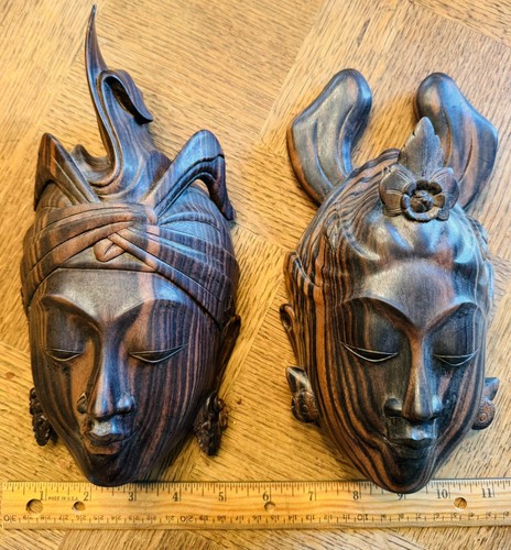 Vintage Pair of Bali Indonesian Hand Carved Wood God & Goddess Masks