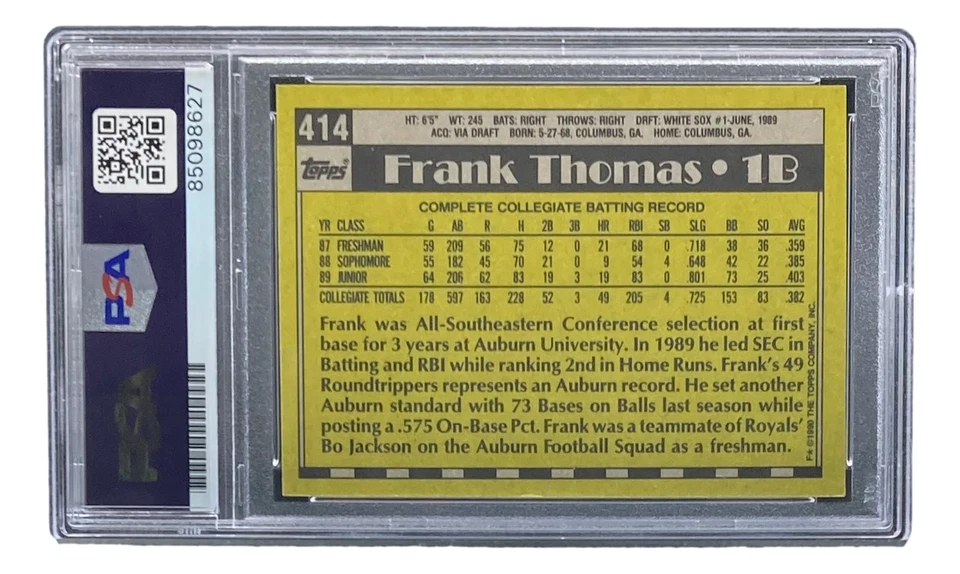 Frank Thomas Signed 1990 Topps #414 Chicago White Sox Rookie Card PSA/DNA - Image 2 of 3