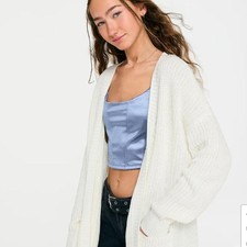Cream open front midi length knitted cardigan