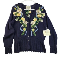 Susan Bristol VTG 1994 Floral Embroidered Cardigan Navy Women’s S Deadstock