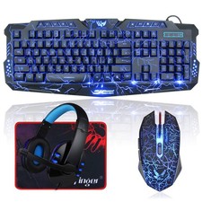 BlueFinger Backlit Gaming Keyboard, Mouse and LED Headset Combo - USB Wired 3...