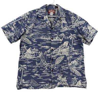 RJC Hawaiian Shirt Mens Large Blue Scenic Short Sleeve Button Up Canoe USA Aloha