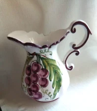 Italian Wine VINO Jug Ceramic Pitcher Hand Painted Pottery Purple Grapes Italy
