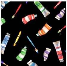 BTY Wilmington ART CLASS SUPPLIES on Black Print 100% Cotton Quilt Fabric YARD