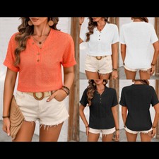 Women's Hollow Out T Shirts Casual V Neck Button Short Sleeve Summer Tops Tees