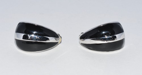 MORGAN TAYLOR Designer Logo Black & Silver Enamel Clip Earrings 1.5" - Picture 6 of 8