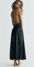 ZARA BLACK FOIL SLIP BACKLESS DRAPED NECKLACE METALLIC EFFECT DRESS Size XS
