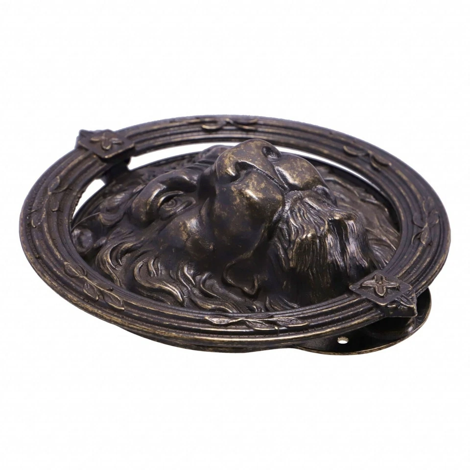 Batte Porte Lion Rond En Laiton Fixation Sur Porte En Bois Acier - Photo 2/4