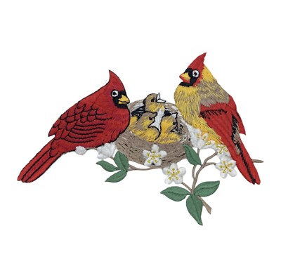 Two Cardinals with Nest, Bird Family, Embroidered, Iron on Patch
