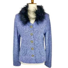M Vtg Willow Blue Black Tweed Knit Jeweled Button Fur Collar Sweater Blazer Top