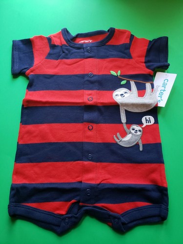 UNISEX INFANT CARTER'S BABY RED BLUE STRIPED SLOTHS SIZE 3 MONTHS ROMPER NWT - Picture 9 of 12