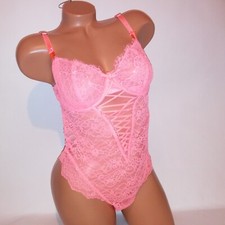 Victoria Secret Lingerie Teddy One Piece Bodysuit Large Orange Allover Lace Wick