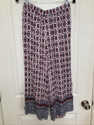 Red Boho Print Wide Leg Palazzo Pants Geometric Hippie Coastal Sz XS