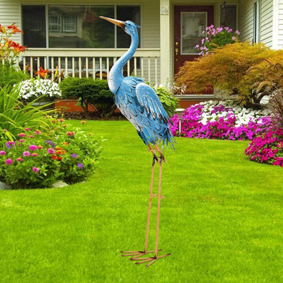 Large Standing Blue Metal Crane Garden Statue: Indoor Outdoor Heron Animal Sculp