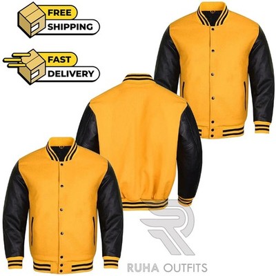 Men's Classic Gold Wool Genuine Leather Sleeves Bomber Varsity Letterman Jacket