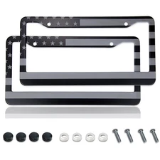 2x Universal For Chevy Car Black/Grey US American Flag Cab License Plate Frame