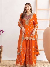 Latest Orange Chinnon Silk Kurta Palazzo With Dupatta For Function  Festival