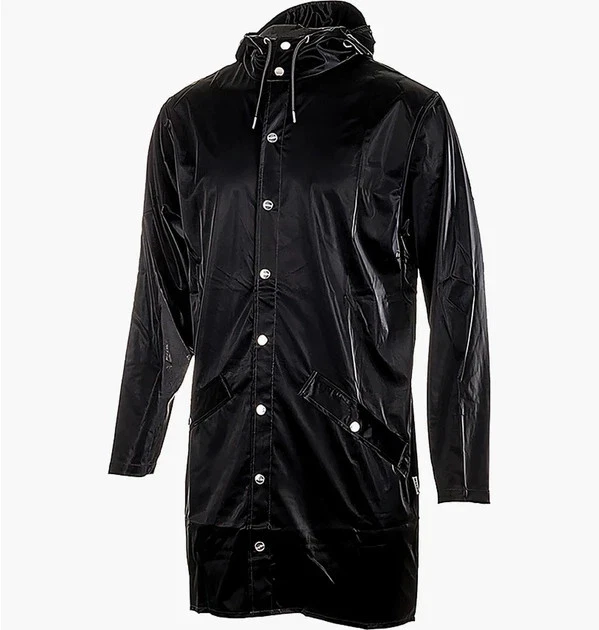 RAINS Long Hooded Rain Jacket Velvet Shiny Black M/L Unisex Raincoat image 3