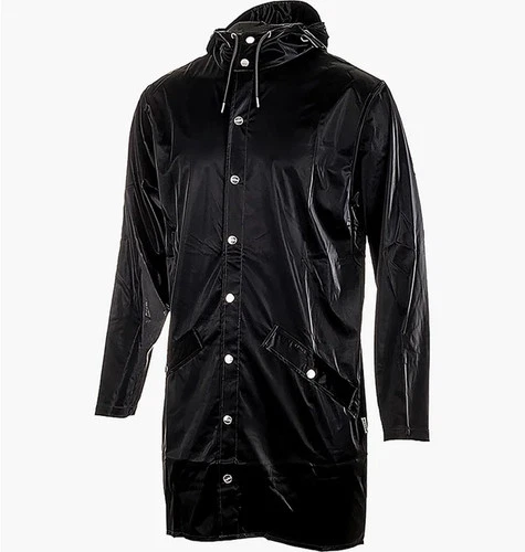 RAINS Long Hooded Rain Jacket Velvet Shiny Black M/L Unisex Raincoat image 3
