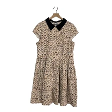 Modcloth Fervour Swing Dress Size 1X Tan Eye Glasses AOP Pleated Clear As Day
