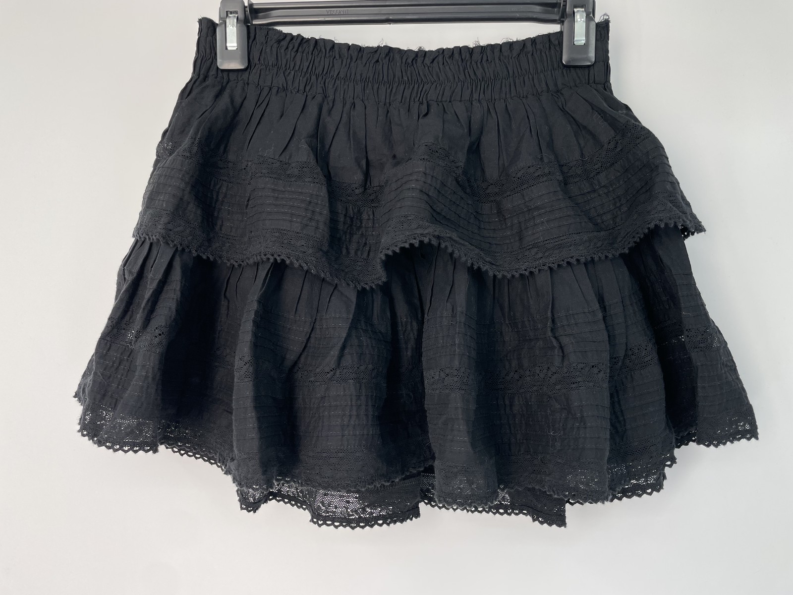 LoveShackFancy Womens Mini Skirt Black Size XS Ruffle Lace Heritage Lined Cotton