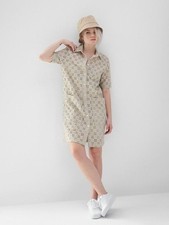GAP Shirt Dress Eyelet Short Sleeves Moonstone Beige 2 Pockets Boho Coastal Chic