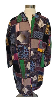 Patchwork Jacket With Hood Retro Style Long Fits Like Womens Size Large