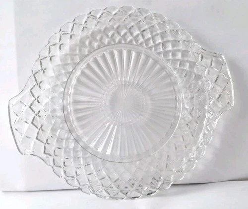 Clear Depression Glass Waterford Waffle 12" cake Platter EUC large Diamond cut