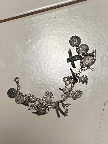 Vintage Sterling Silver Charm Bracelet Double Link 21 Charms