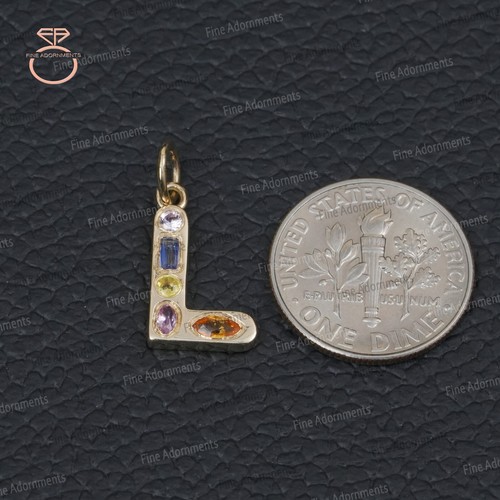 Colgante inicial L de piedras preciosas de zafiro múltiple natural oro macizo 14k L dije joyería - Imagen 7 de 9