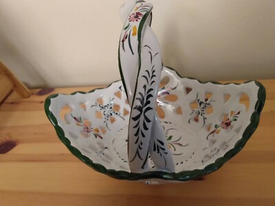 R.C. & Cal Juncal-Porto De Mos Hand Painted Basket White w/Flowers  Portugal 8''H