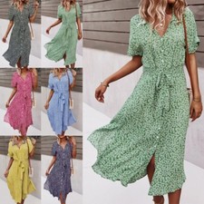 Women Sundress V Neck Summer Midi Dress Ladies Short Sleeve Holiday Sexy Lace up