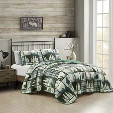 3 Pcs Cabin Lodge Rustic Country Bear Quilt Bedspread Set