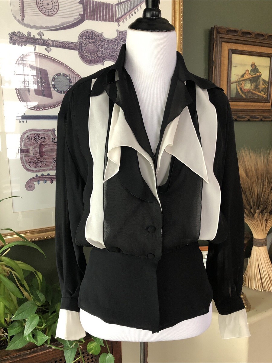 True Vintage Karl Lagerfeld Black/Ivory Silk Peplum Blouse 