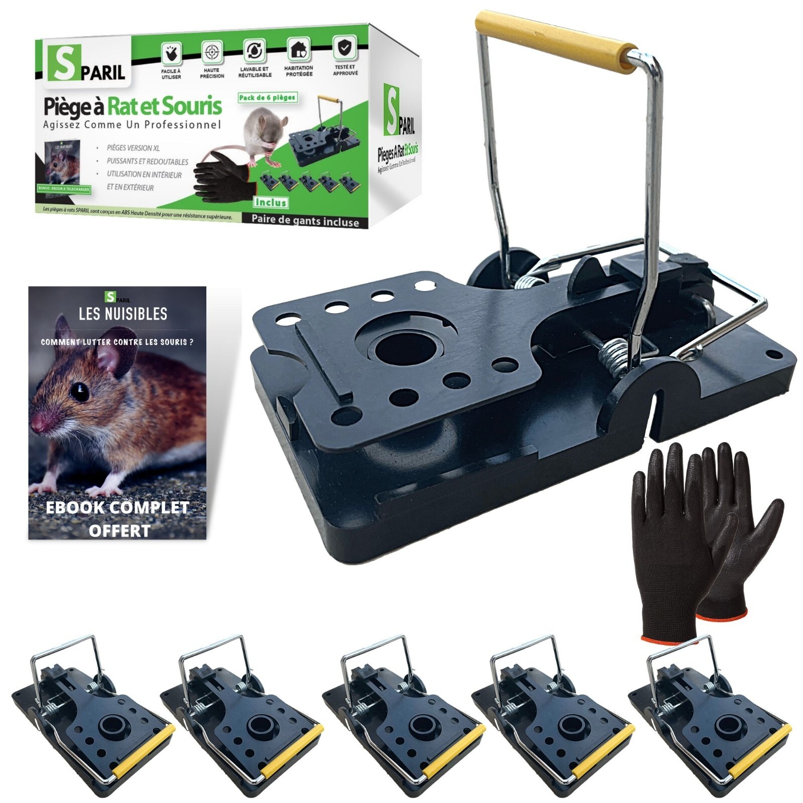 Piège à rat et souris de qualité supérieure en polymère noir avec ressort acier haute tension