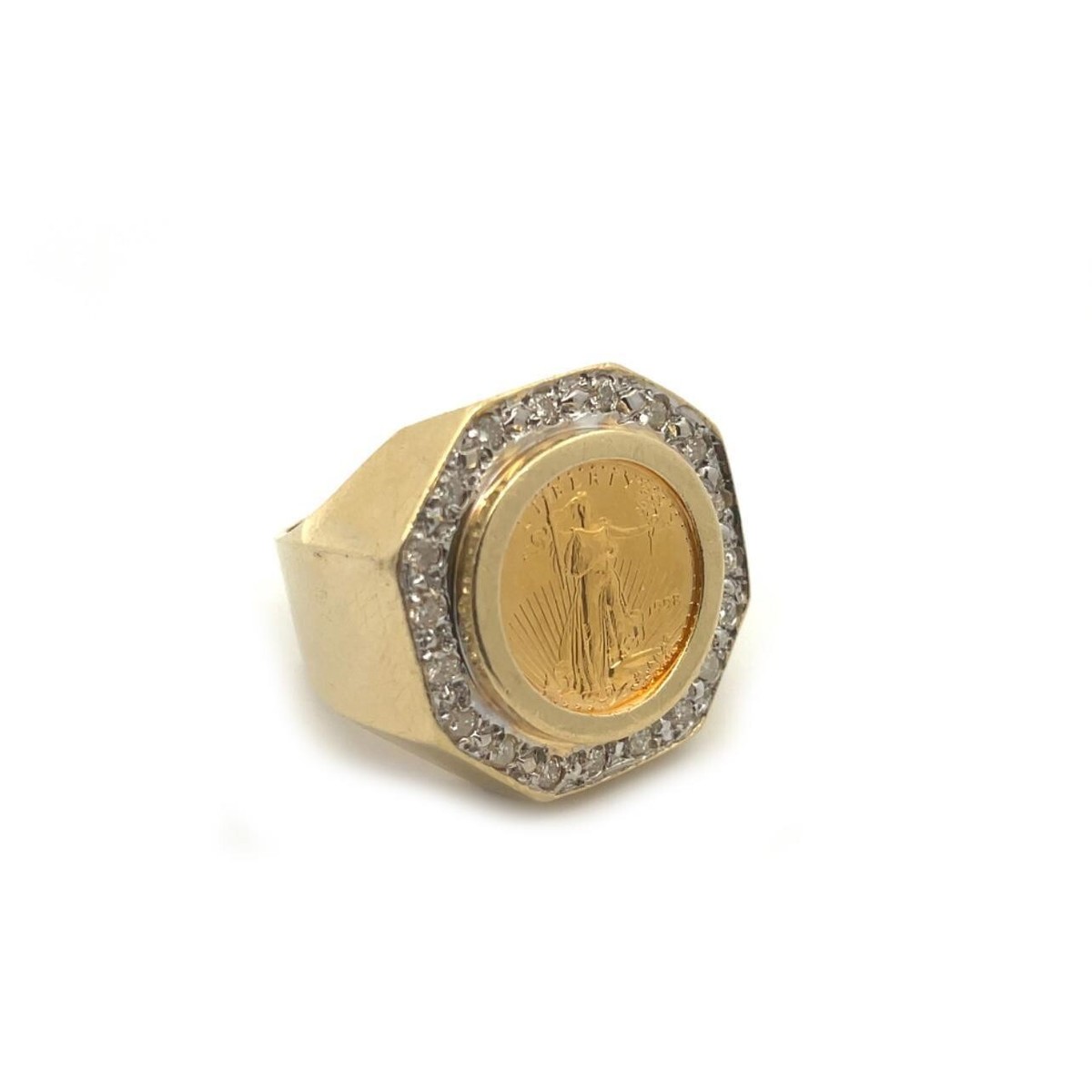 Estate Diamond 22k Liberty Coin 14k Gold Octagon Shape Ring